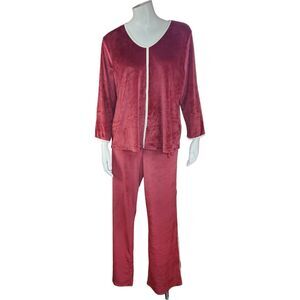 Breezies Lounge Fleeced Lounge Set with Satin Trim Dark Berry Long Sleeve Medium